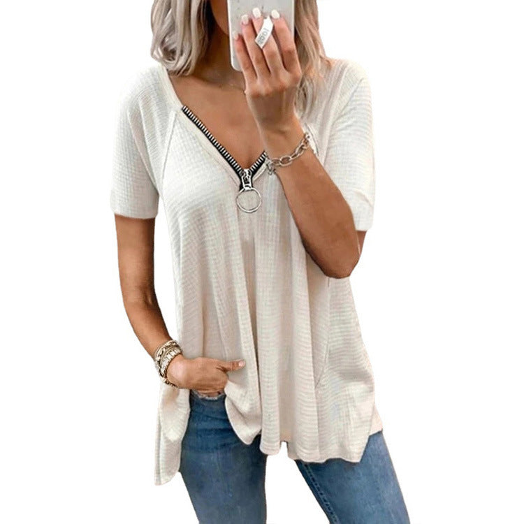 Women's Tops Women's Short Sleeves Casual T-Shirts V-Neck Zipper Loose