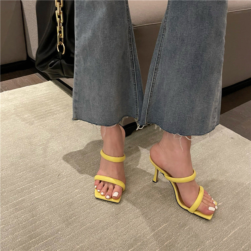 Square-toe Hgh-heel Sandals And Slippers Candy-colored Stiletto-heel Women's Shoes