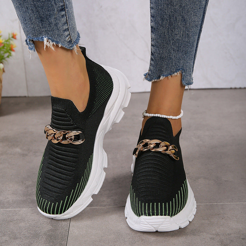 Fashion Chain Design Mesh Shoes For Women Breathable Casual Soft Sole Walking Sock Slip On Flat Shoes